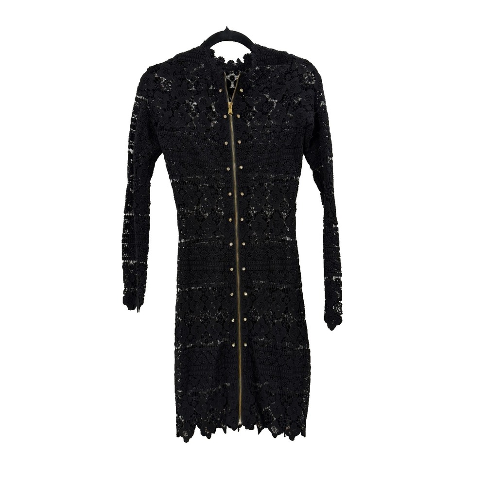Zara Lace Crochet Black Jewel Detail Duster Sheer Dress M Long Sleeve Full Zip